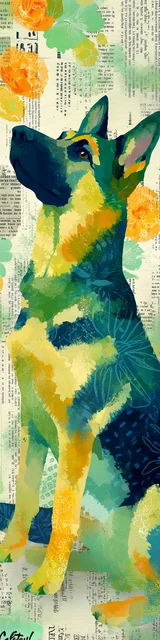 Free printable dog bookmark featuring green and yellow german shepherd